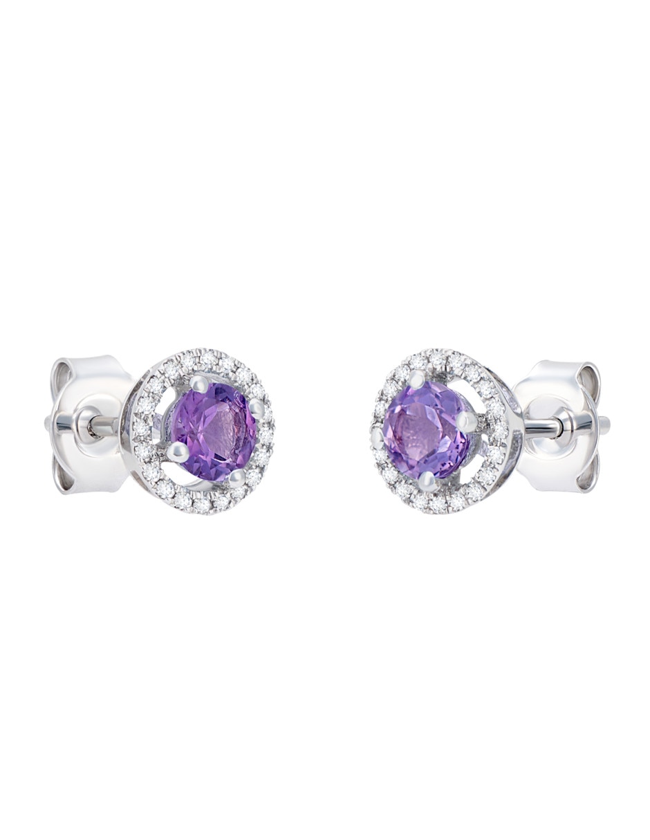 Broqueles redondos de oro blanco 14 K diamante y amatista Broqueles redondos de oro blanco 14 K diamante y amatista