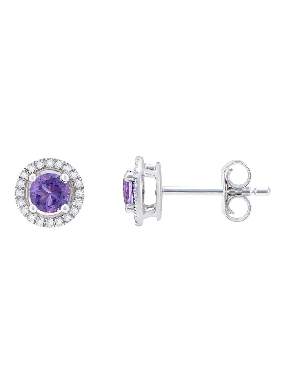 Broqueles redondos de oro blanco 14 K diamante y amatista 2