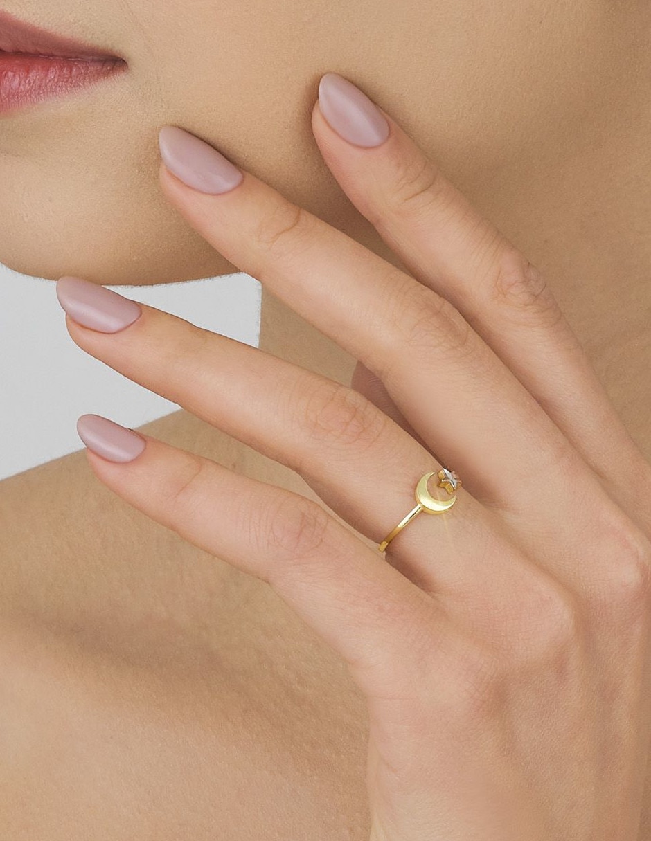 Anillo de luna cristal joyas 14 k de oro amarillo brillante