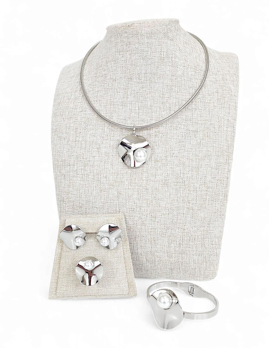 Collar, pulsera y anillo circular perla de cristal 11
