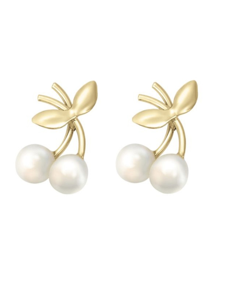 Broqueles de cereza de oro amarillo 14 K con acabado pulido perla