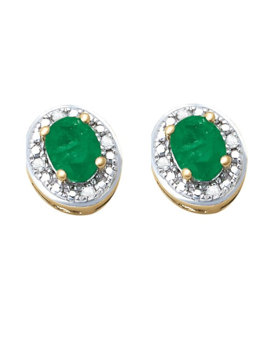 Broqueles de oro amarillo 14 K con acabado pulido esmeralda y diamante