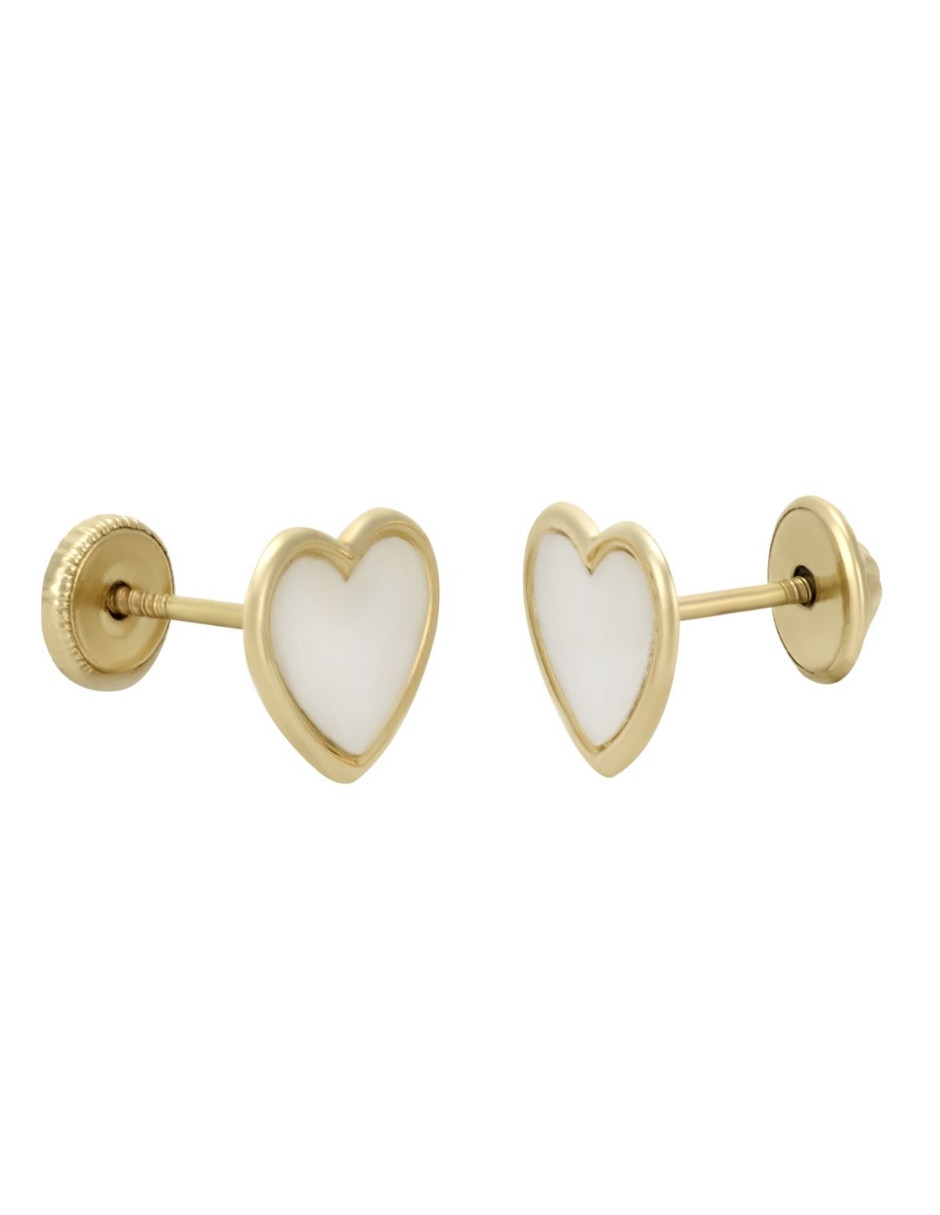 Broqueles de corazón de oro amarillo 14 K con acabado pulido madre perla