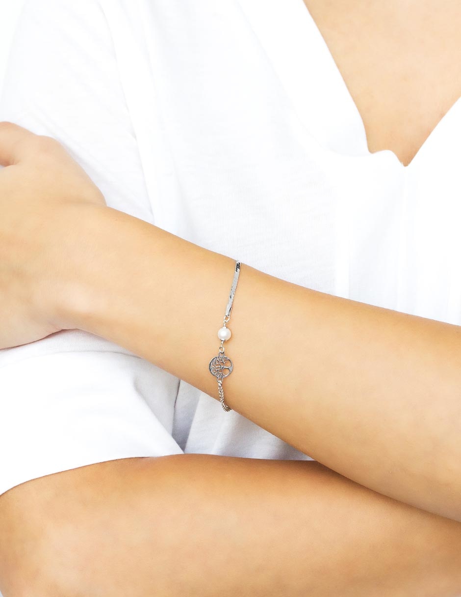 Pulsera de plata con perla de agua p 925 con acabado baño rodio