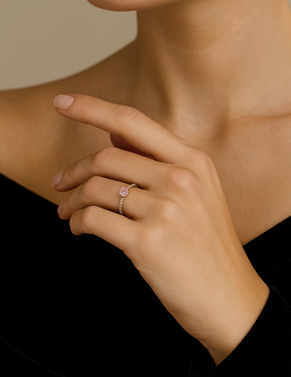 Anillo redondo zafiro rosa con acabado baño de oro 14 k 2