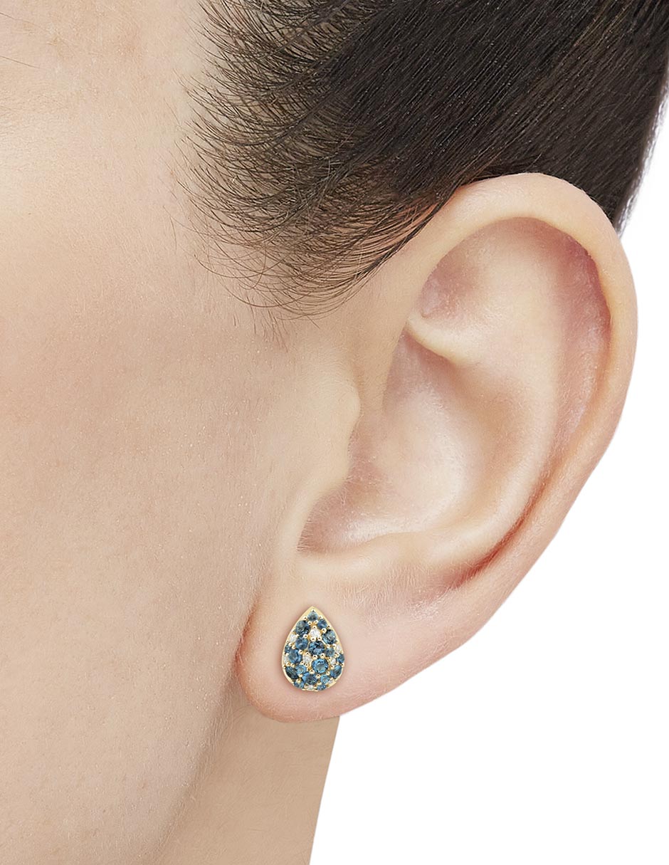 Aretes de gota de oro 14 K con acabado pavé topacio azul de londres