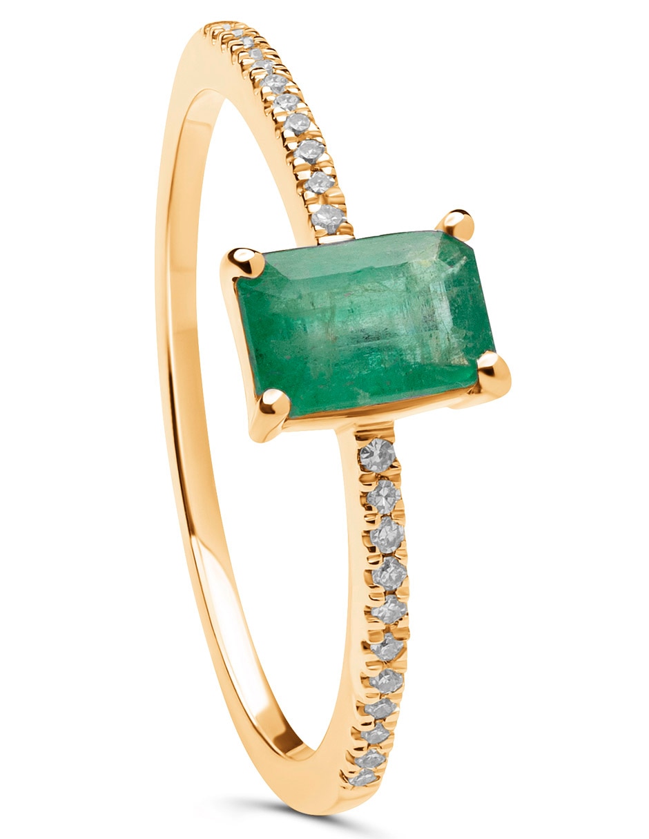 Anillo rectangular 14 k de oro amarillo esmeralda pavé