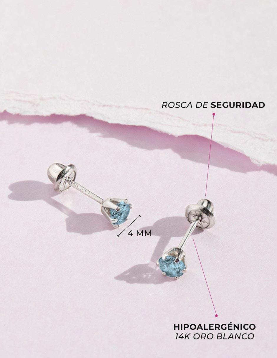 Broqueles redondos de oro blanco 14 K con acabado pulido zirconia cúbica 4