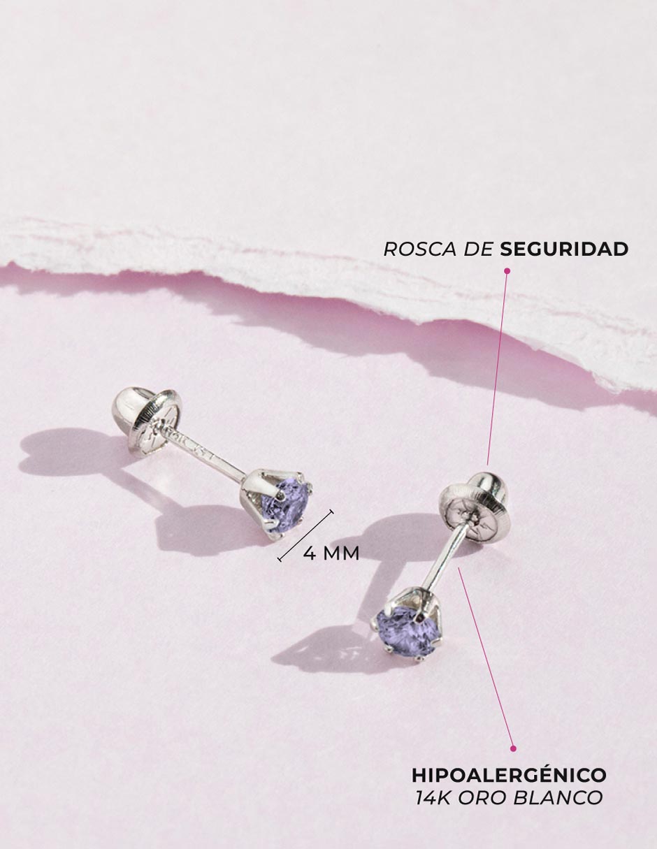 Broqueles redondos de oro blanco 14 K con acabado pulido zirconia cúbica 4