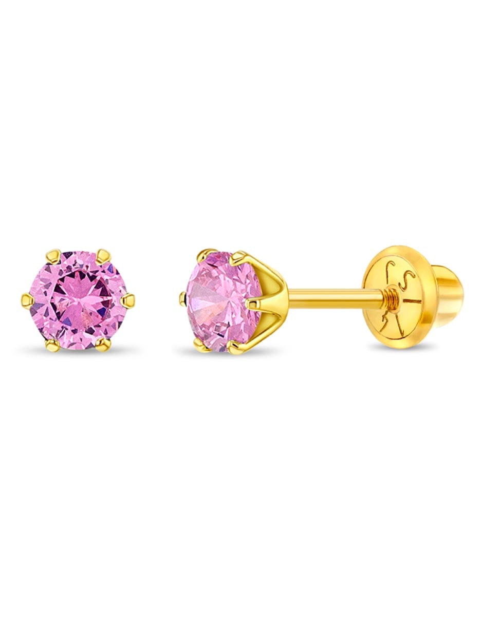 Broqueles redondos de oro amarillo 14 K con acabado pulido zirconia cúbica 1