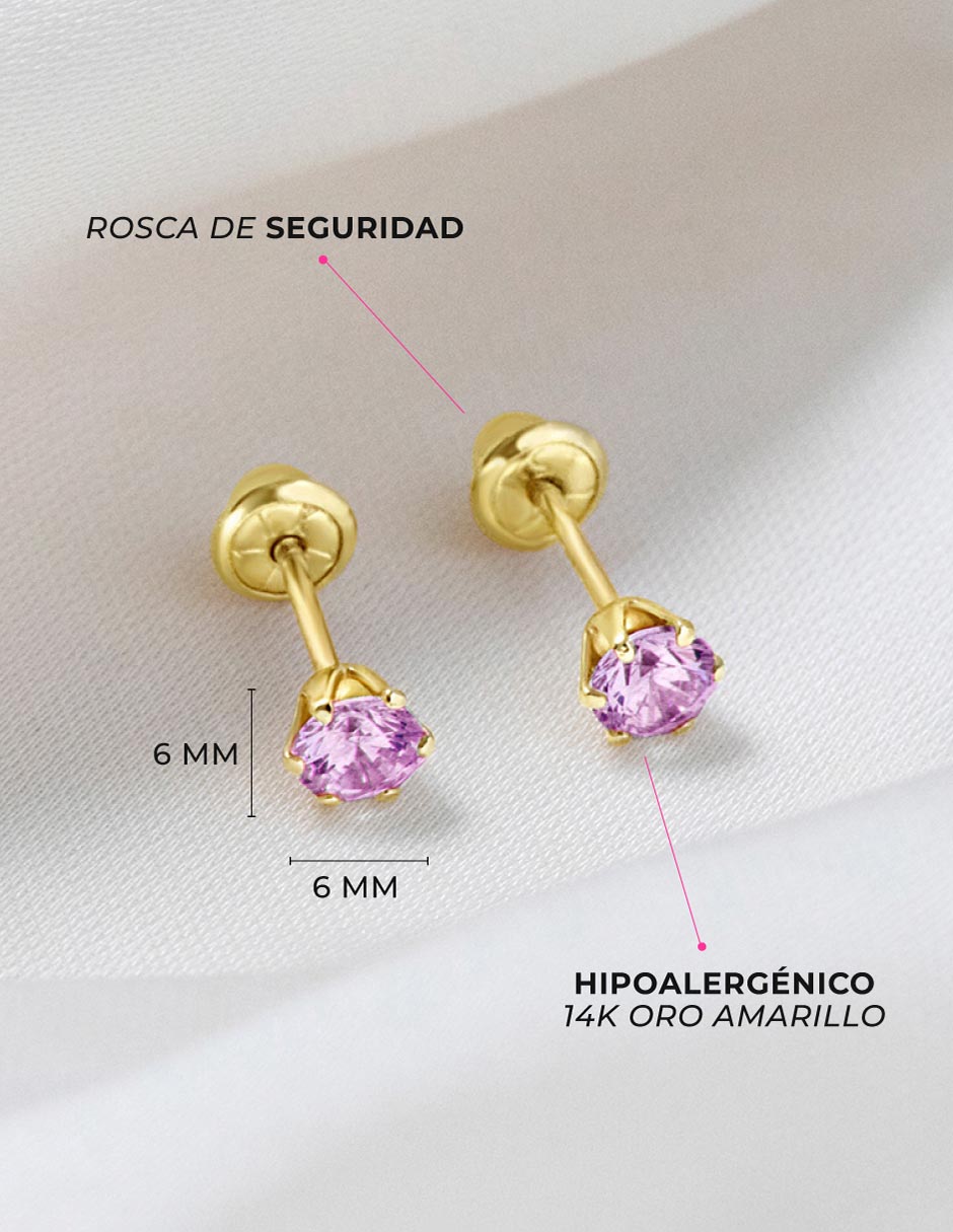 Broqueles redondos de oro amarillo 14 K con acabado pulido zirconia cúbica 4