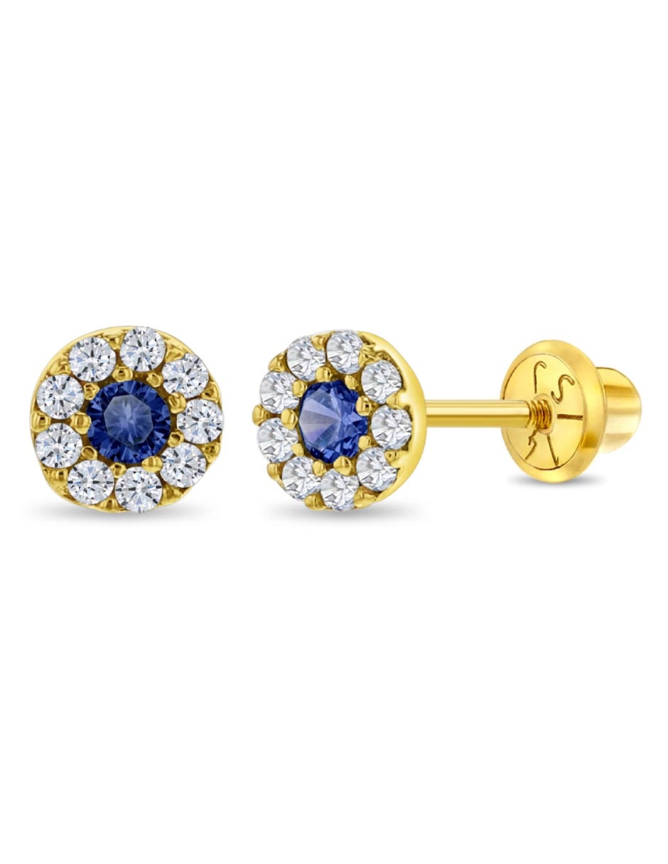 Broqueles redondos de oro amarillo 14 K con acabado pulido zirconia cúbica 1