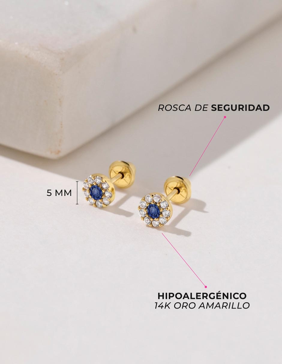 Broqueles redondos de oro amarillo 14 K con acabado pulido zirconia cúbica 4