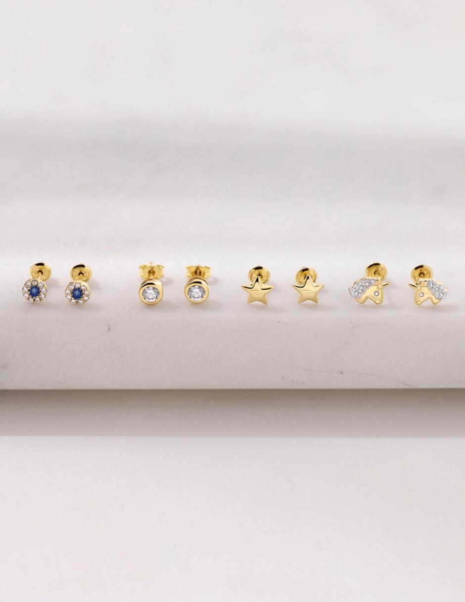 Broqueles redondos de oro amarillo 14 K con acabado pulido zirconia cúbica