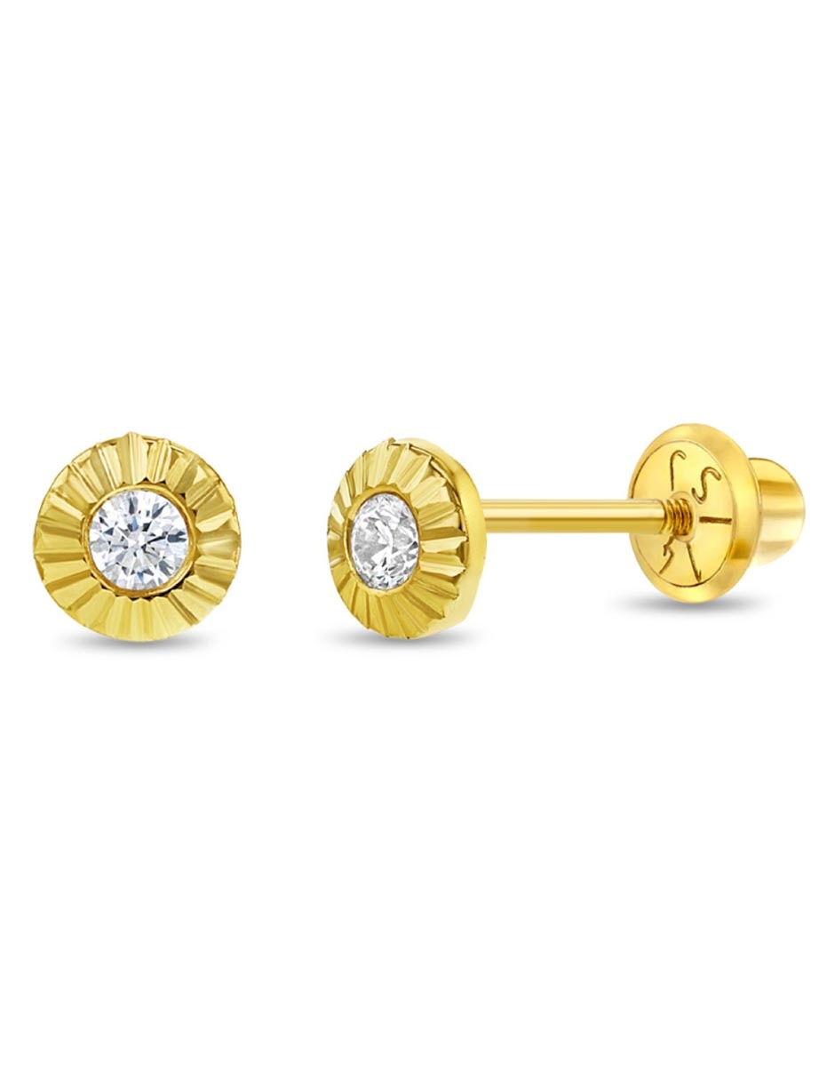 Broqueles redondos de oro amarillo 14 K con acabado pulido zirconia cúbica 1