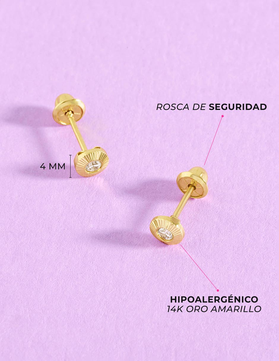 Broqueles redondos de oro amarillo 14 K con acabado pulido zirconia cúbica 4