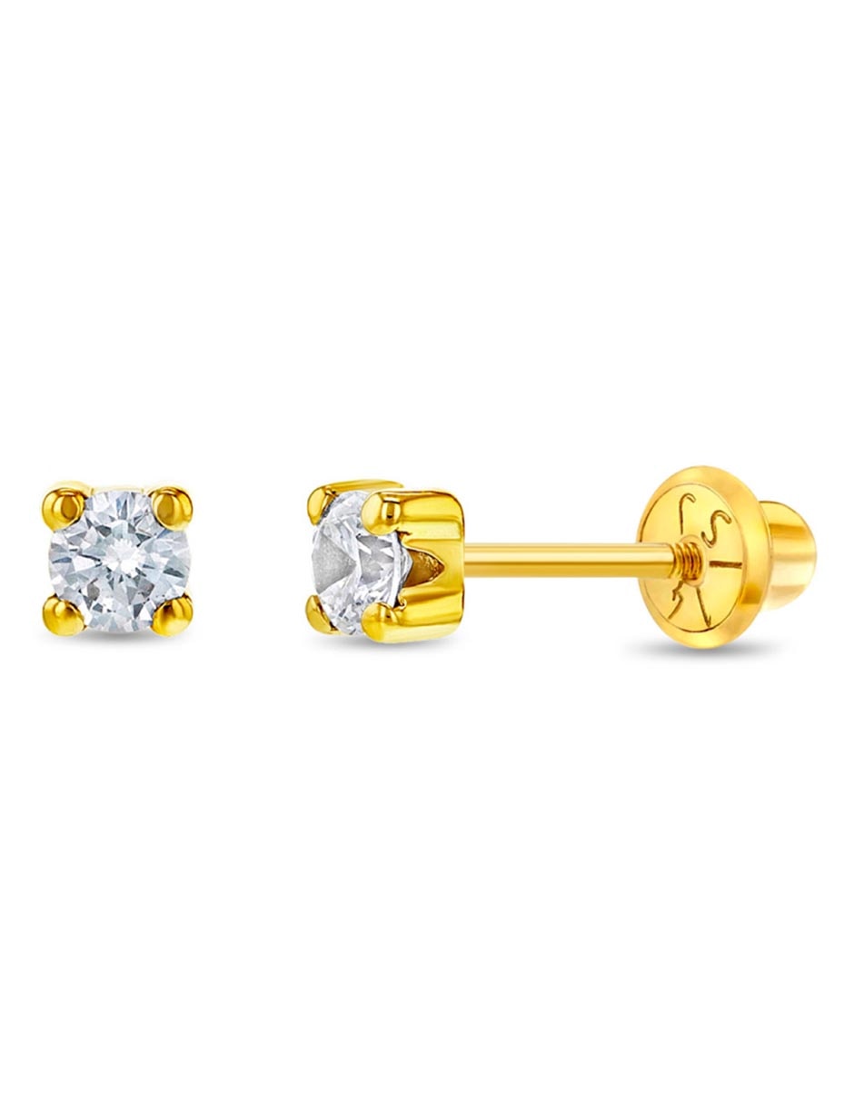 Broqueles redondos de oro amarillo 14 K con acabado pulido zirconia cúbica 1