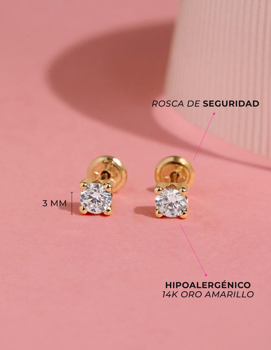 Broqueles redondos de oro amarillo 14 K con acabado pulido zirconia cúbica 4