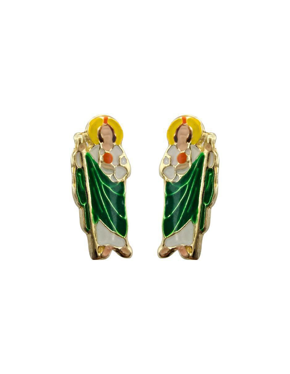 Broqueles San Judas Tadeo de oro 14 K con acabado esmaltado