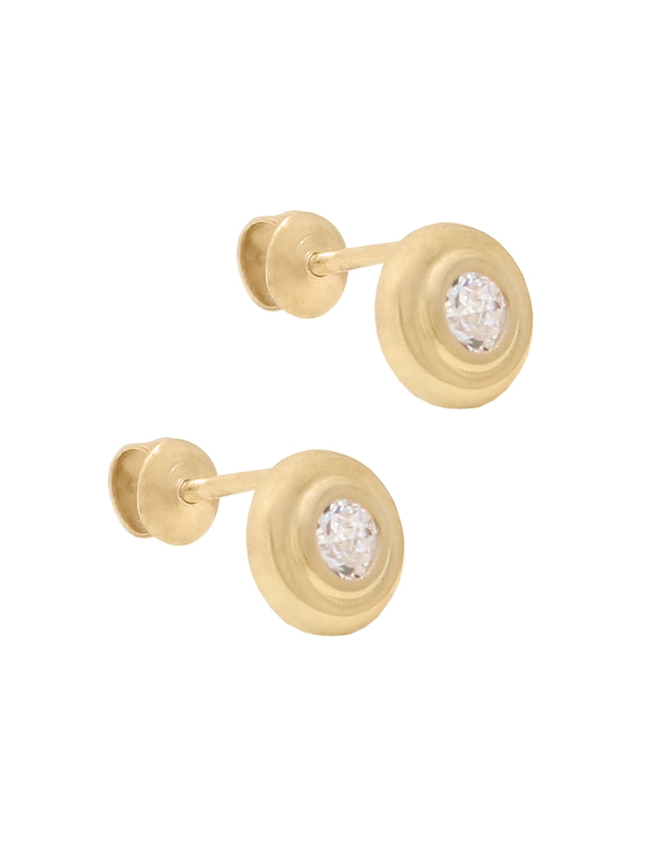 Broqueles redondos Roca de oro amarillo 14 K con acabado pulido zirconia
