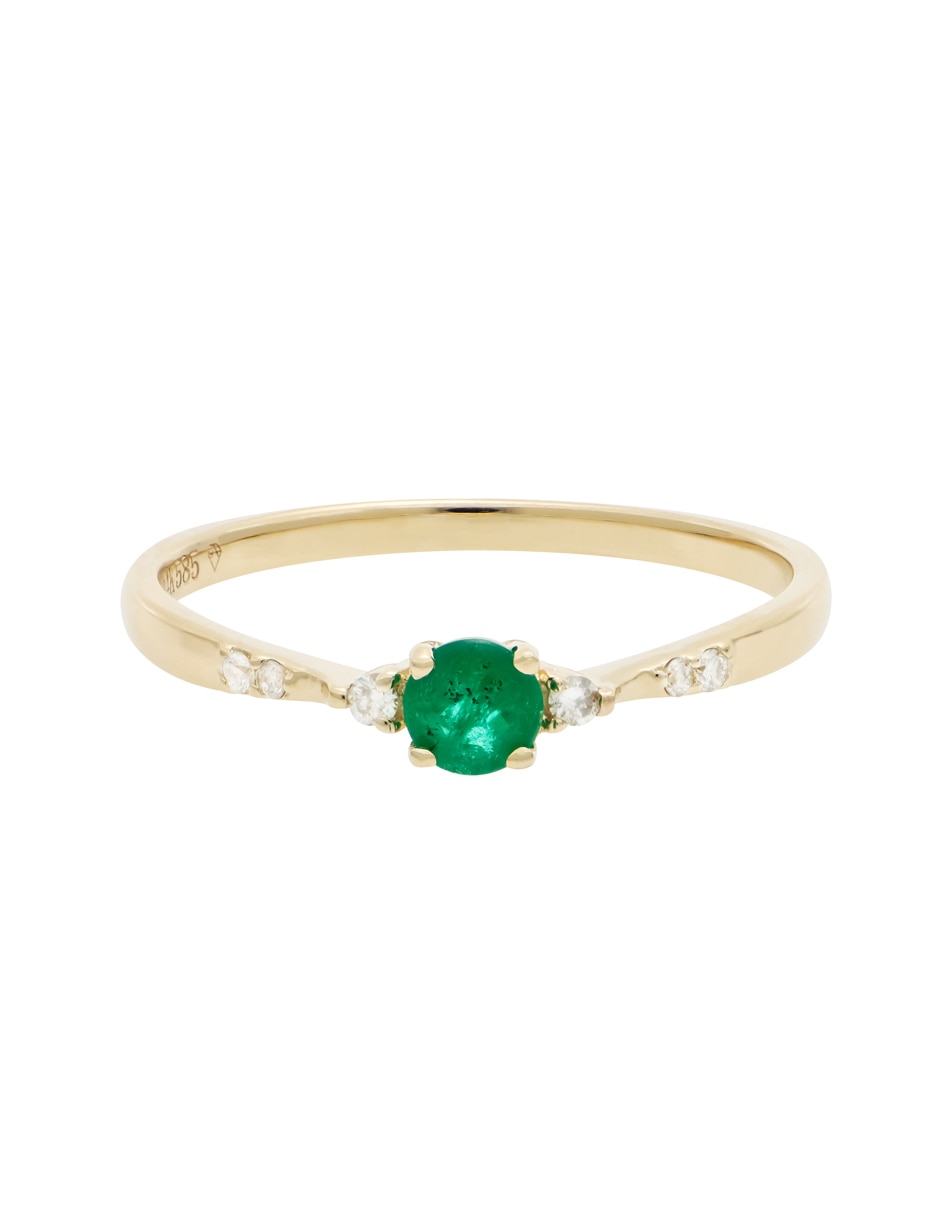 Anillo Classy 14 k de oro amarillo esmeralda y diamante liso Anillo Classy 14 k de oro amarillo esmeralda y diamante liso