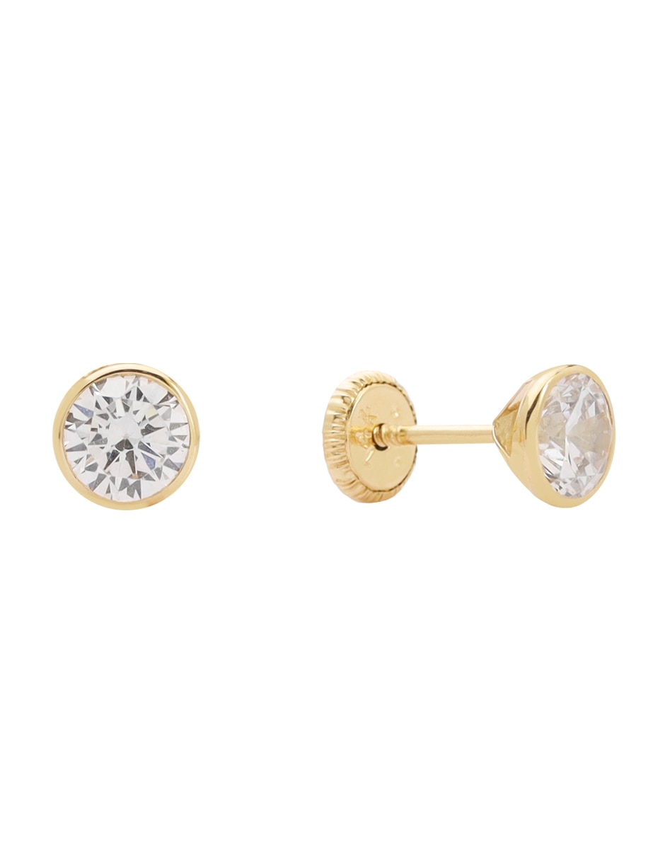 Broqueles redondos de oro amarillo 14 K con acabado brillante zirconia