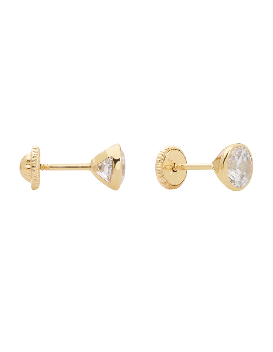 Broqueles redondos de oro amarillo 14 K con acabado brillante zirconia 3