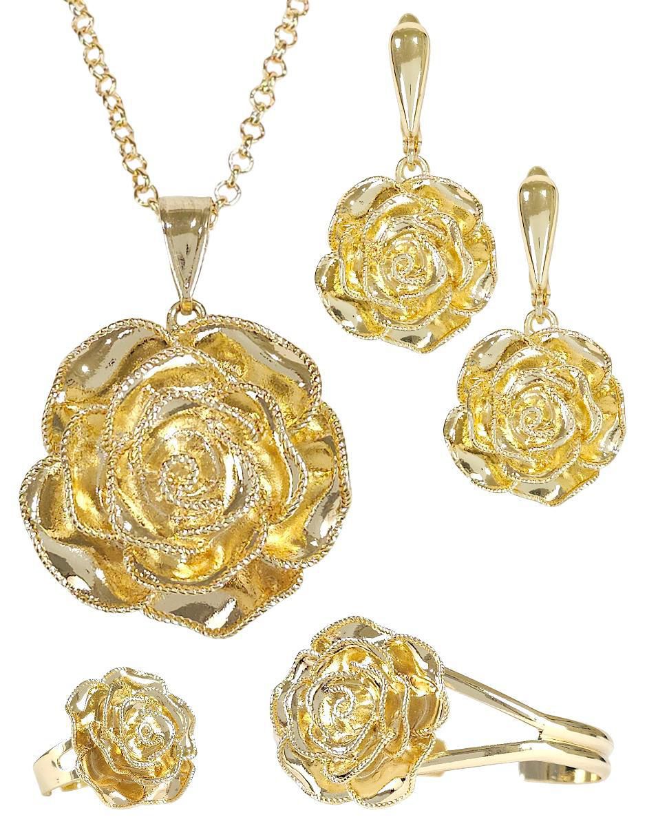 Collar, pulsera, anillo y aretes de flor 18 k