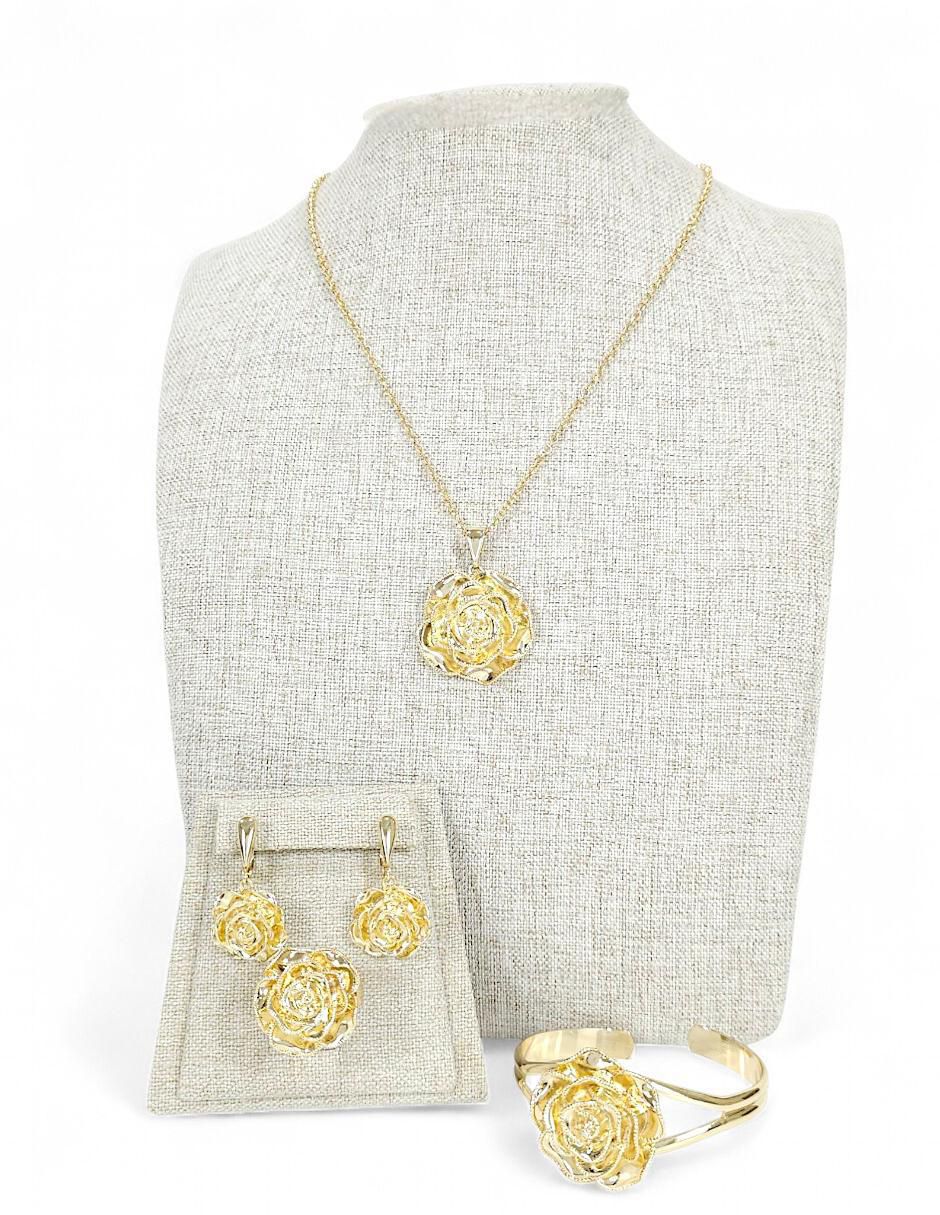 Collar, pulsera, anillo y aretes de flor 18 k 11