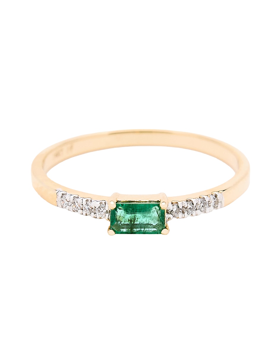 Anillo circular 14 k de oro amarillo esmeralda y diamante pulido Anillo circular 14 k de oro amarillo esmeralda y diamante pulido