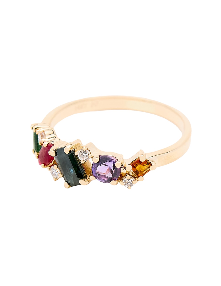 Anillo con gema circular Ingrata Fortuna 14 k de oro amarillo rubí, zafiro, esmeralda y diamante pulido
