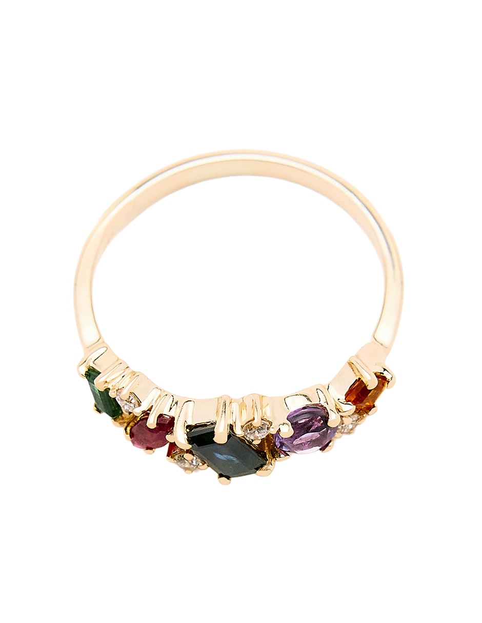 Anillo con gema circular Ingrata Fortuna 14 k de oro amarillo rubí, zafiro, esmeralda y diamante pulido