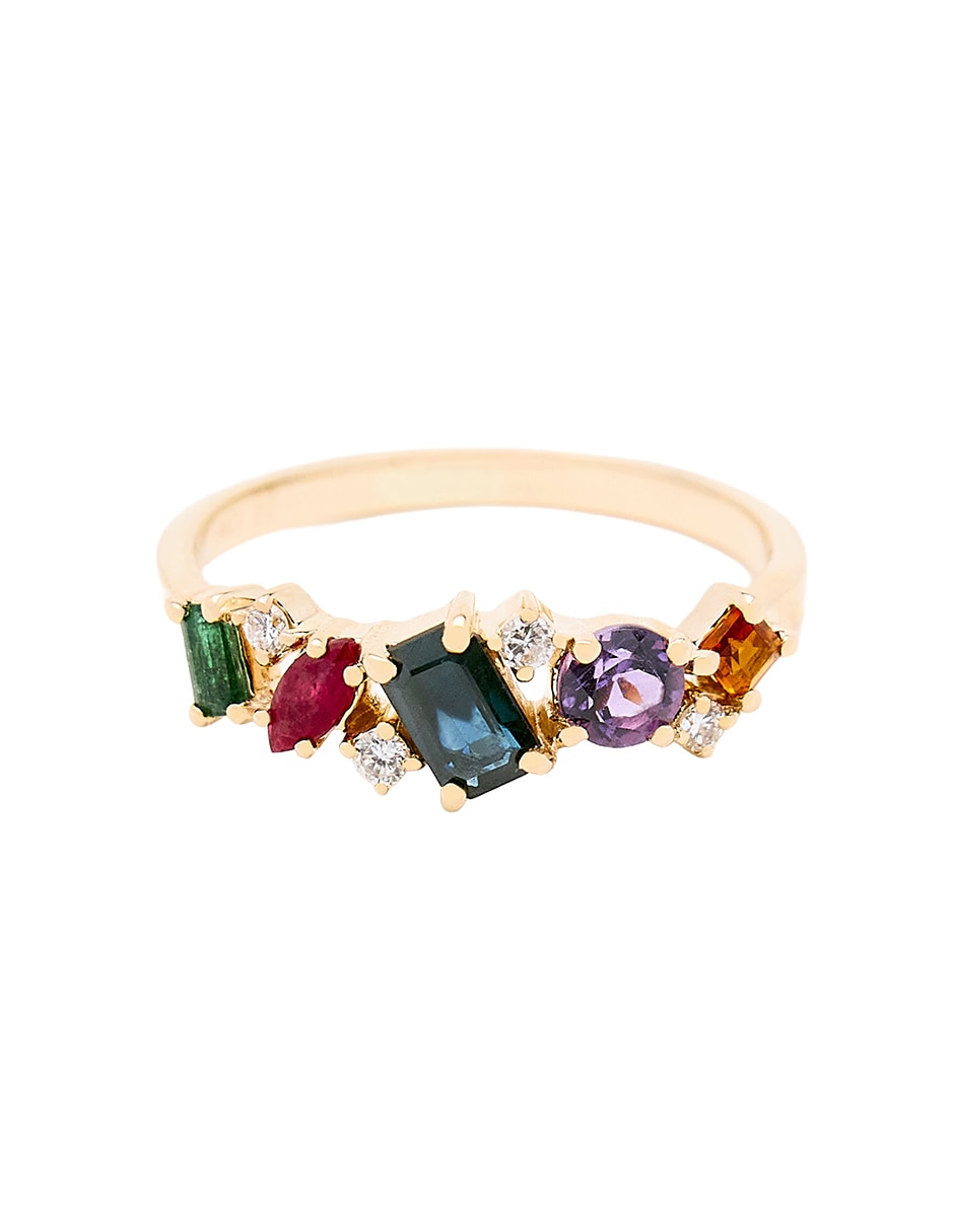 Anillo con gema circular Ingrata Fortuna 14 k de oro amarillo rubí, zafiro, esmeralda y diamante pulido