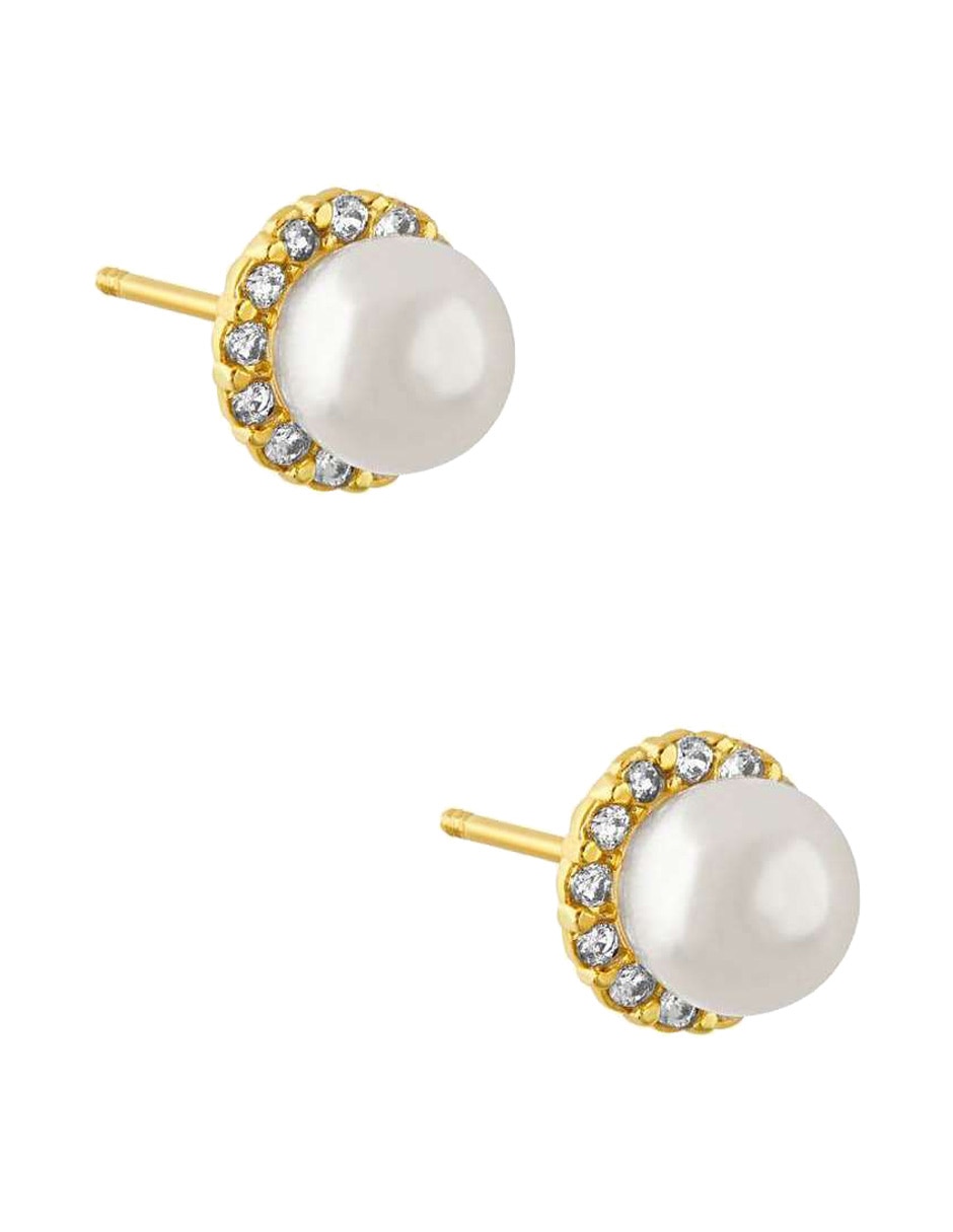 Broqueles Sabelli de oro amarillo 14 k con acabado pavé perla con zirconia