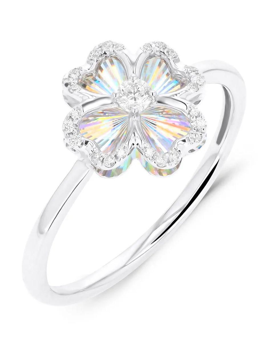 Anillo de flor 14 k de oro blanco diamante brillante
