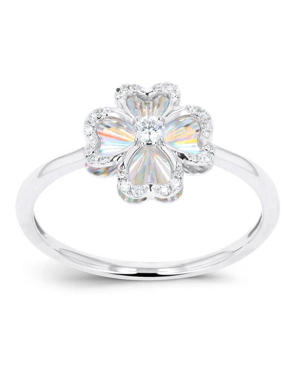 Anillo de flor 14 k de oro blanco diamante brillante