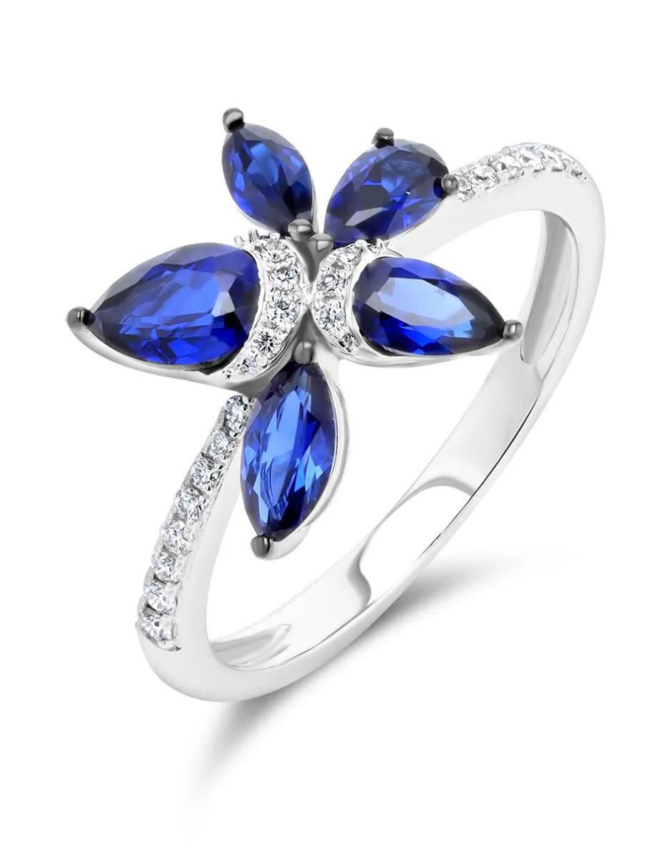 Anillo de flor 14 k de oro blanco diamante brillante