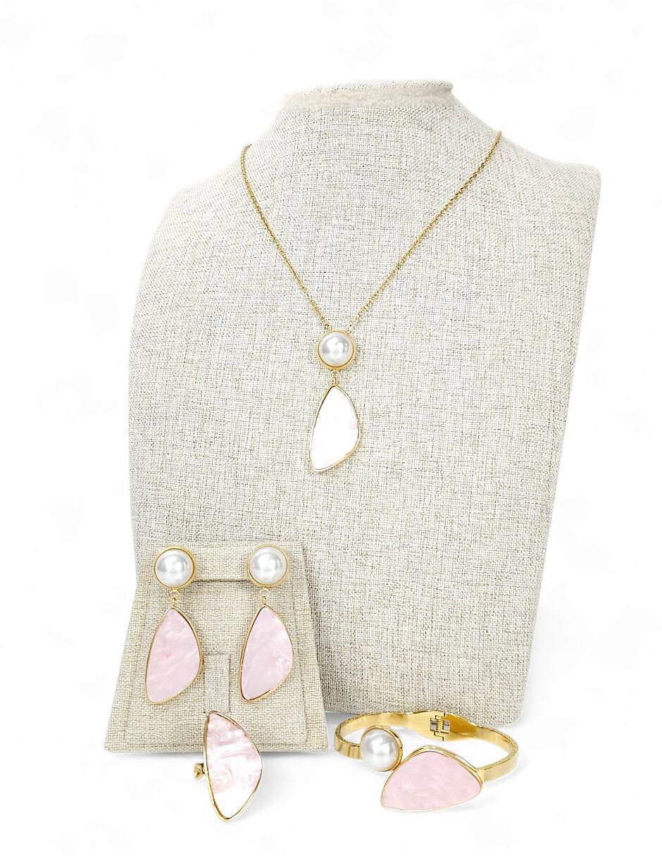 Collar, pulsera, anillo y aretes perla de cristal 11