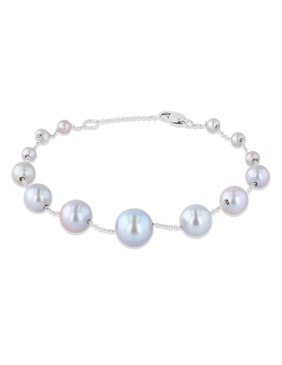 Pulsera de oro blanco con perla 14 k con acabado brillante Pulsera de oro blanco con perla 14 k con acabado brillante