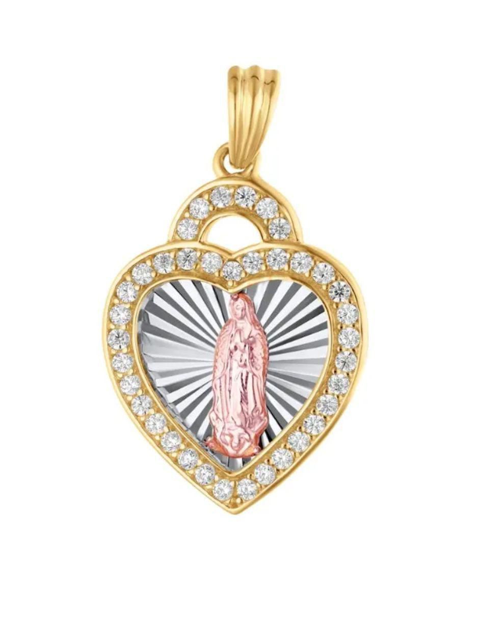 Medalla de corazón virgen de guadalupe de oro florentino 14 K zirconia