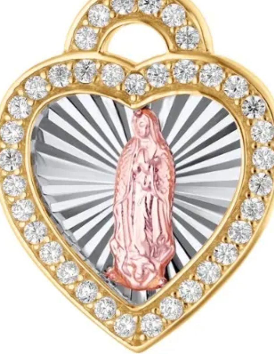 Medalla de corazón virgen de guadalupe de oro florentino 14 K zirconia 3