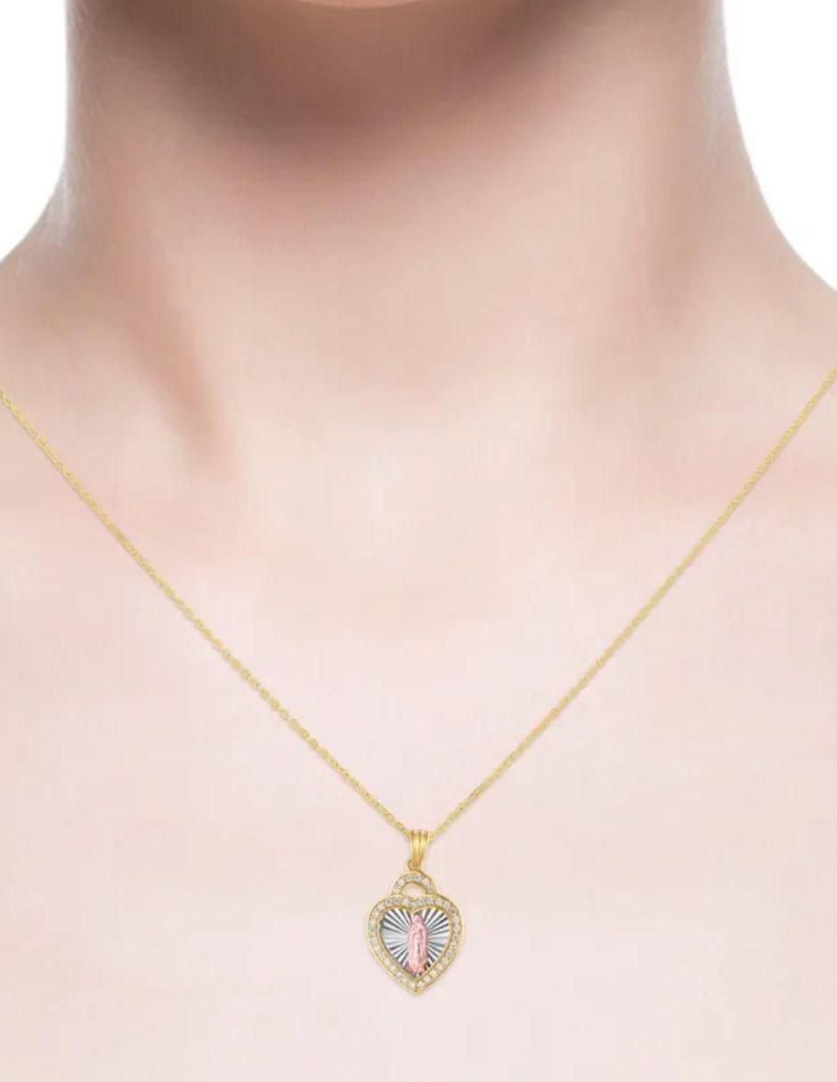 Medalla de corazón virgen de guadalupe de oro florentino 14 K zirconia 2