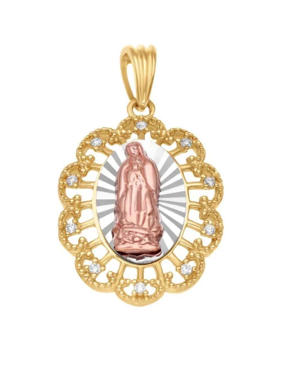 Medalla de flor virgen de guadalupe de oro florentino 14 K zirconia