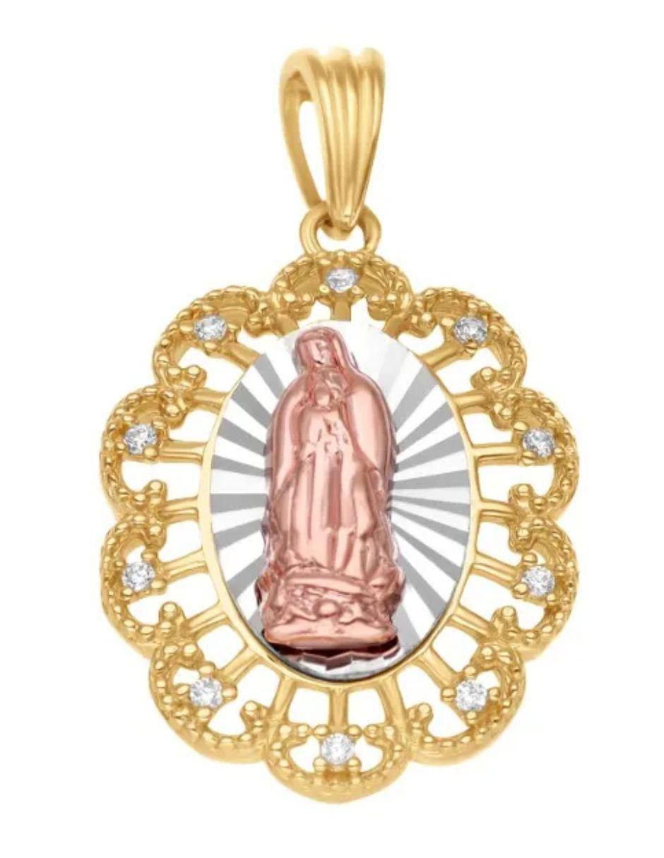 Medalla de flor virgen de guadalupe de oro florentino 14 K zirconia