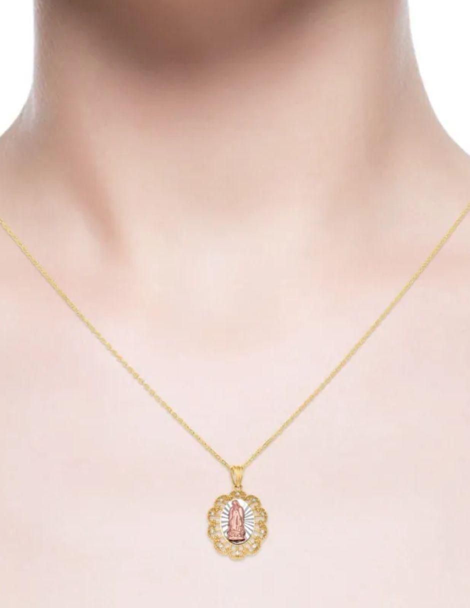 Medalla de flor virgen de guadalupe de oro florentino 14 K zirconia