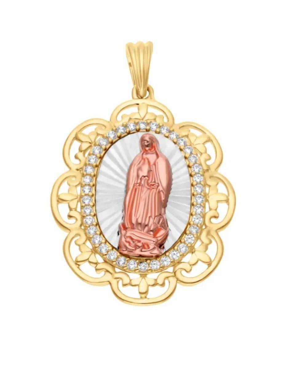 Medalla de flor virgen de guadalupe de oro florentino 14 K zirconia