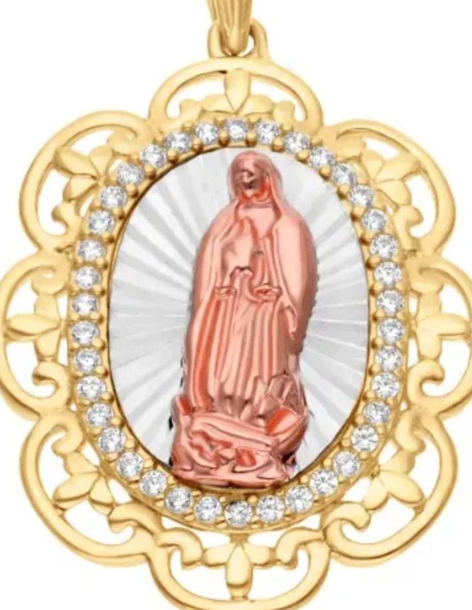 Medalla de flor virgen de guadalupe de oro florentino 14 K zirconia