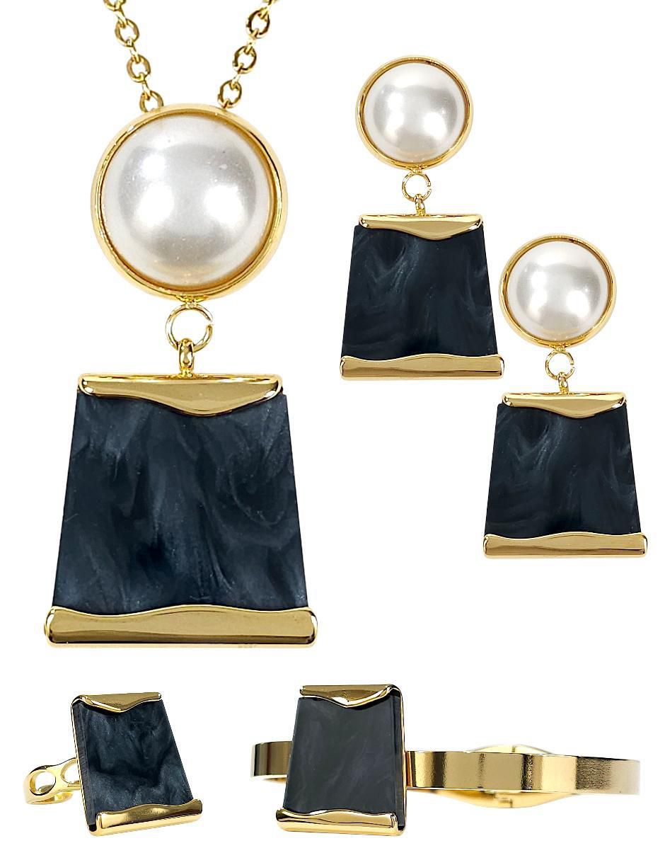 Collar, pulsera, anillo y aretes perla de cristal