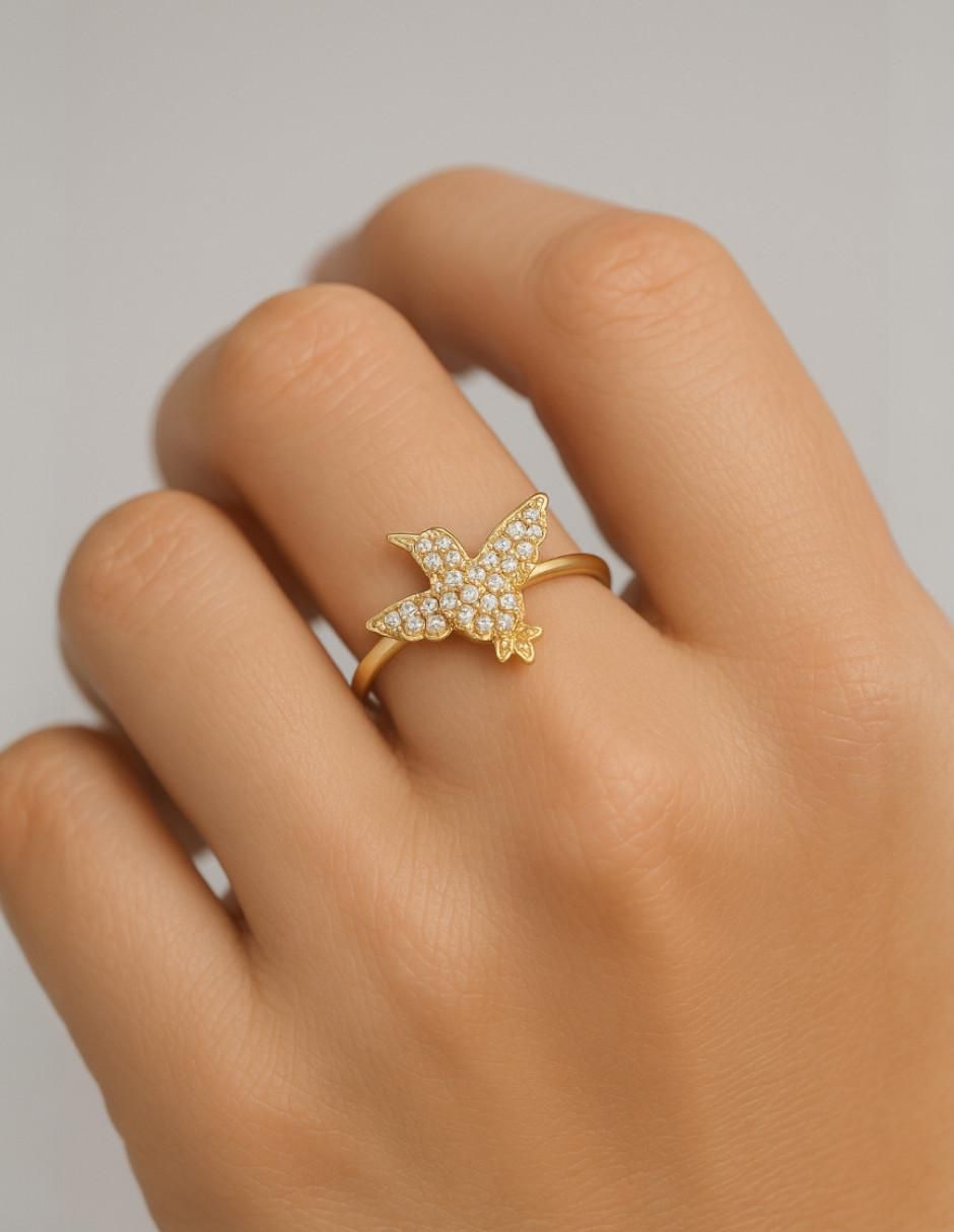 Anillo de colibrí 10 k de oro zirconia pulido