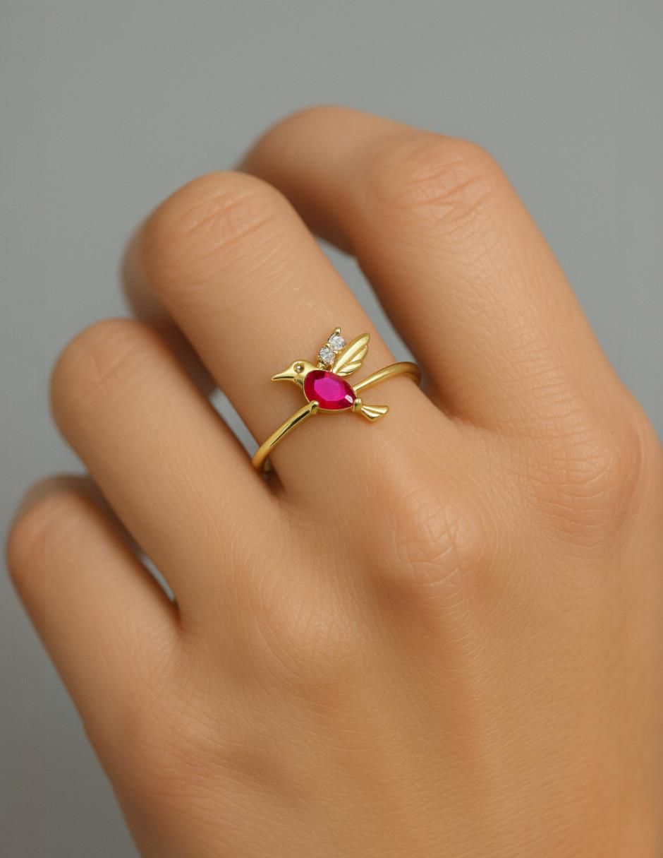 Anillo de colibrí 10 k de oro zirconia pulido
